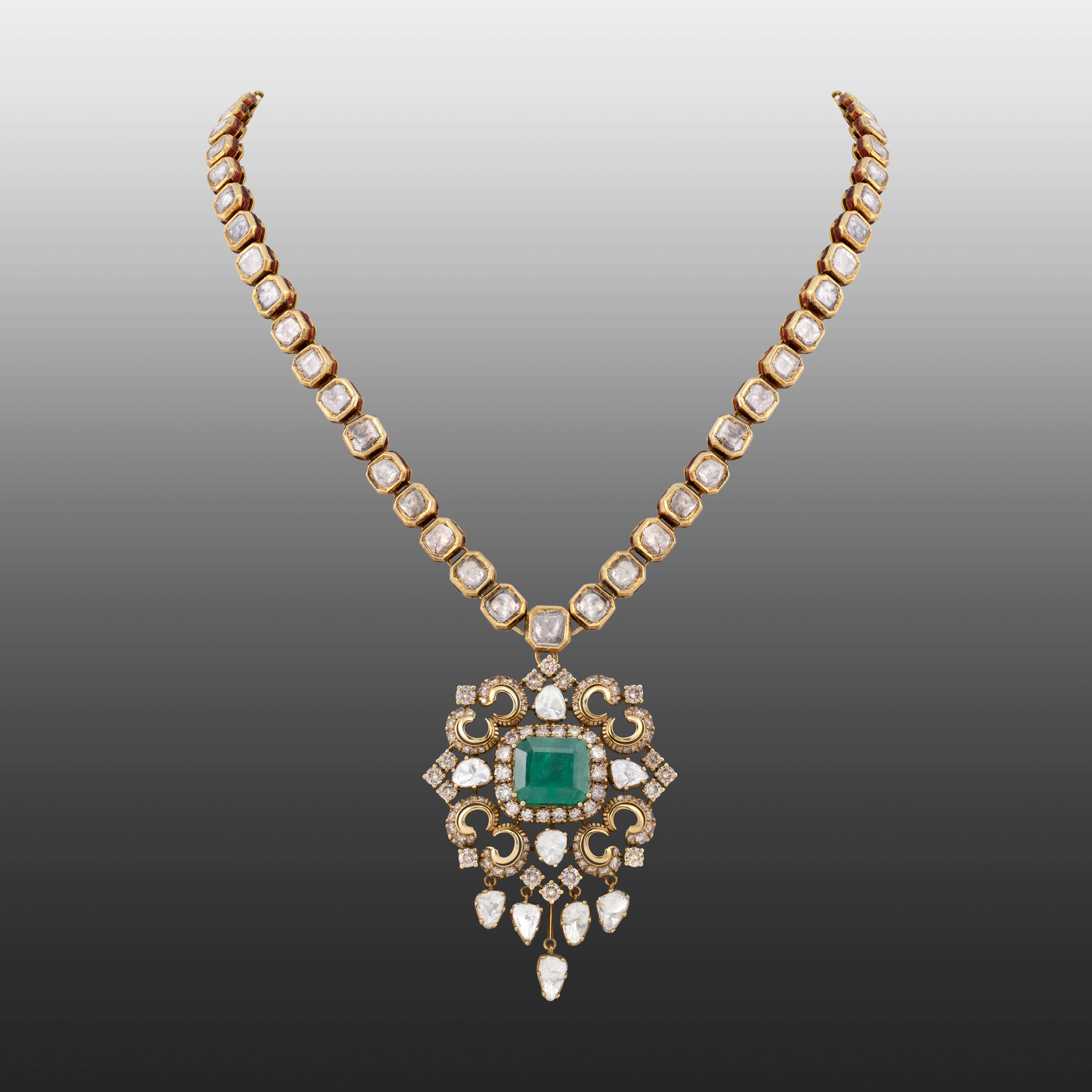 Victorian Pendant with Zambian Emerald and Polki Diamonds